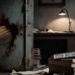 Files spilling from rusted metal door with faint glow and a stack titled “Epstein Investigation” near Justice Department offi