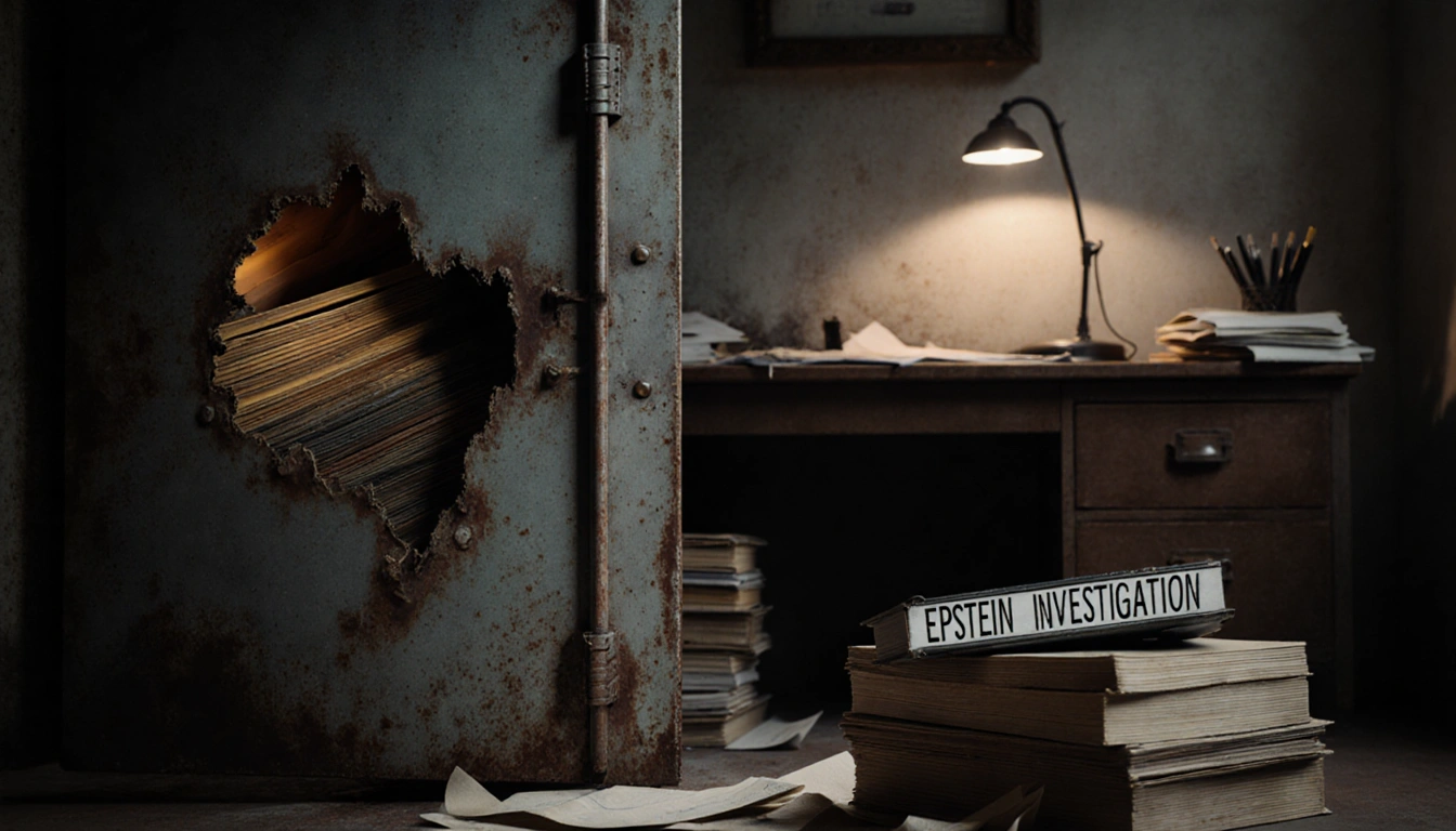 Files spilling from rusted metal door with faint glow and a stack titled “Epstein Investigation” near Justice Department offi