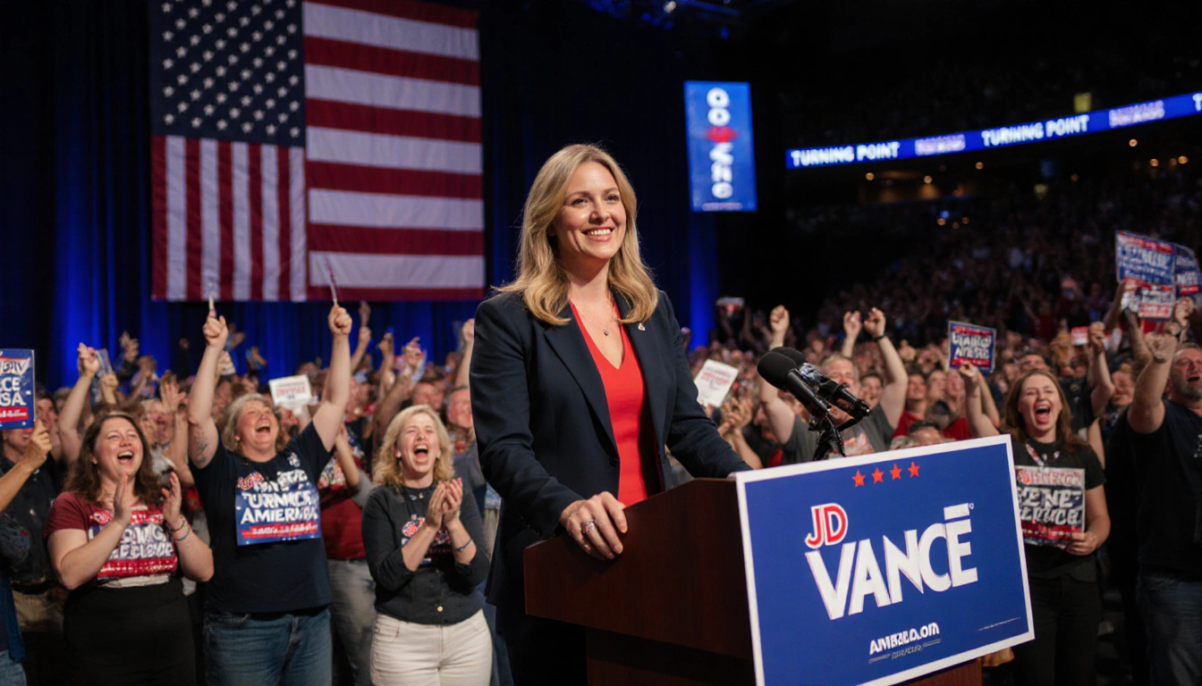 Erika Kirk standing at a podium with a large American flag and JD Vance campaign banners while a crowd watches.