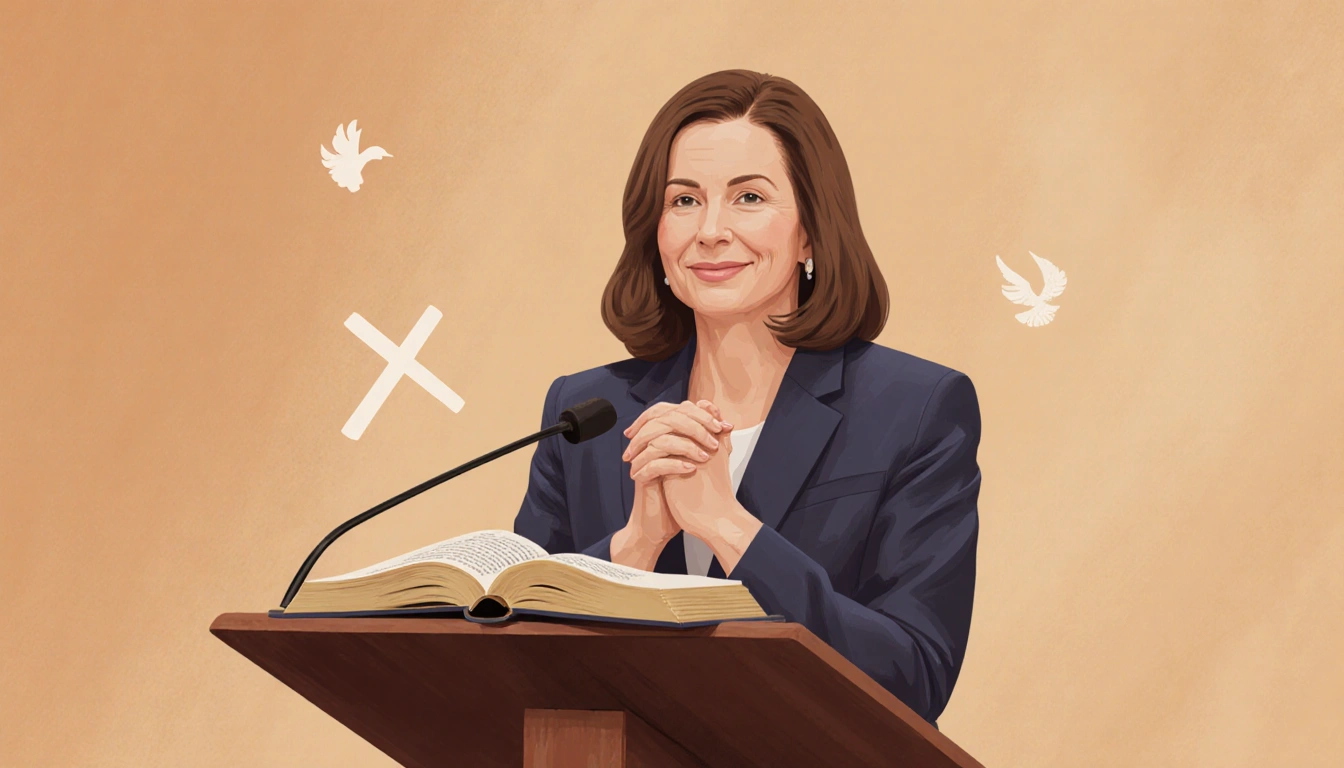 Erika Kirk stands as leader before a podium with an open Bible beside her and a subtle cross overhead