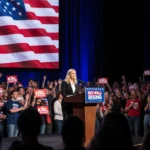 Erika Kirk speaking at podium with supporters wearing Turning Point USA shirts and holding Red Wall Rising signs