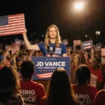 Erika Kirk speaking at podium with supporters wearing Turning Point USA shirts and holding Red Wall Rising signs