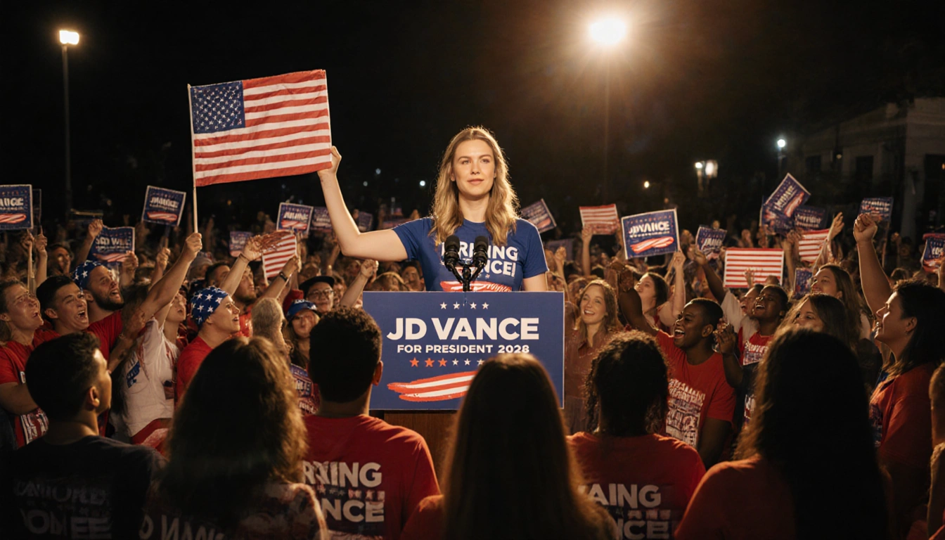 Erika Kirk speaking at podium with supporters wearing Turning Point USA shirts and holding Red Wall Rising signs