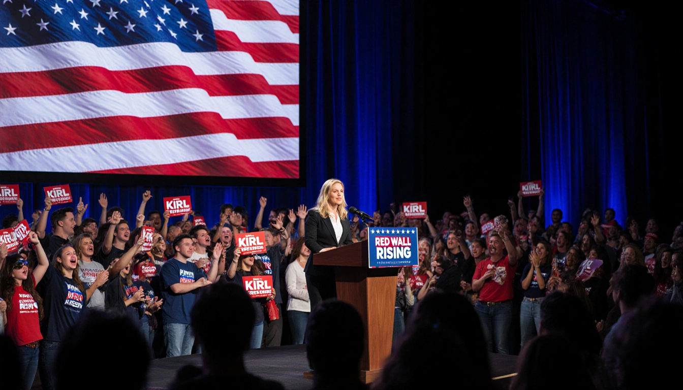 Erika Kirk speaking at podium with supporters wearing Turning Point USA shirts and holding Red Wall Rising signs