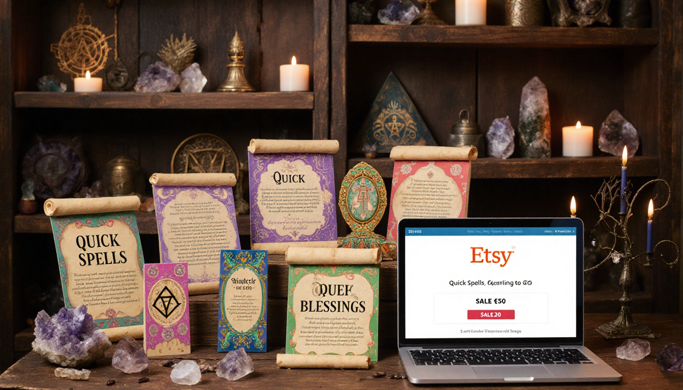 Etsy shop storefront displays spell-themed products with crystals candles and spell cards near tablet showing the Etsy logo.
