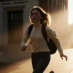 Eva Erickson sprinting away with backpack and arms outstretched toward a Brown University building in golden light