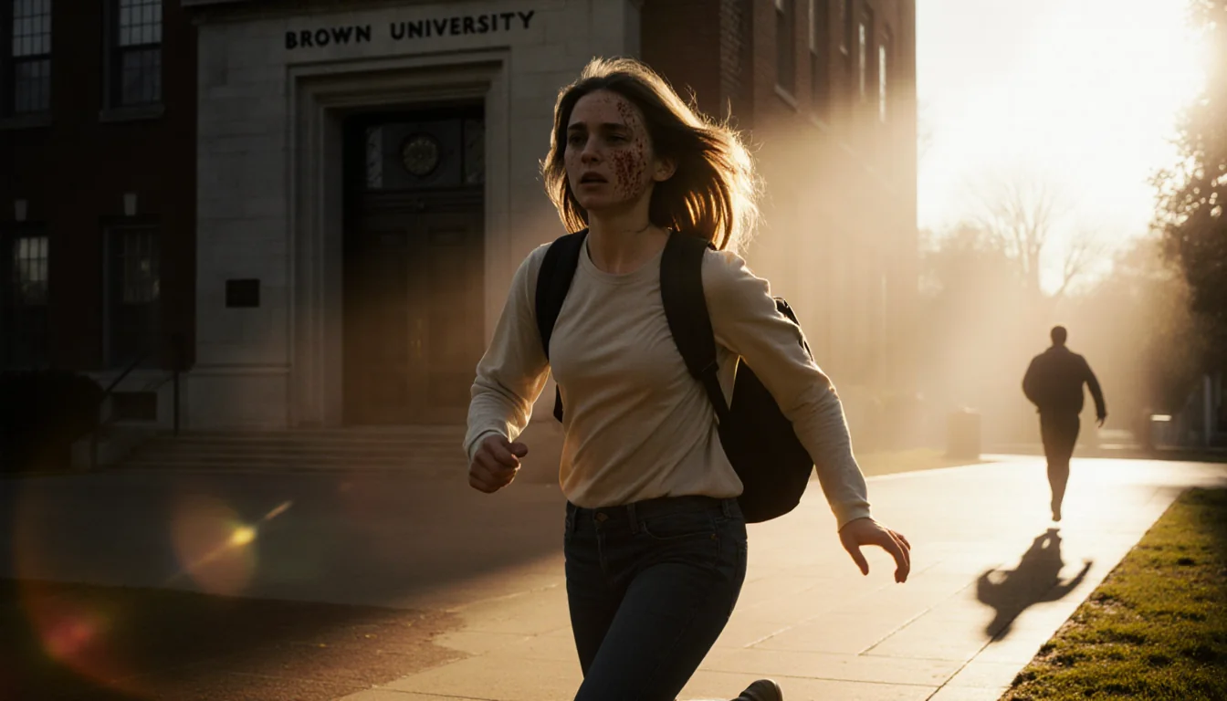 Eva Erickson sprinting away with backpack and arms outstretched toward a Brown University building in golden light