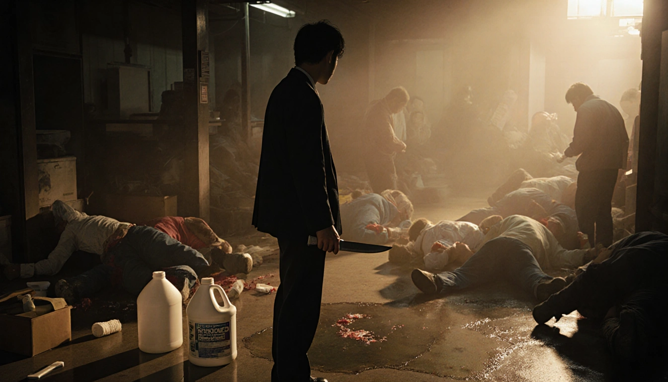 Man holding knife near bleach puddle with injured workers lying on the ground.