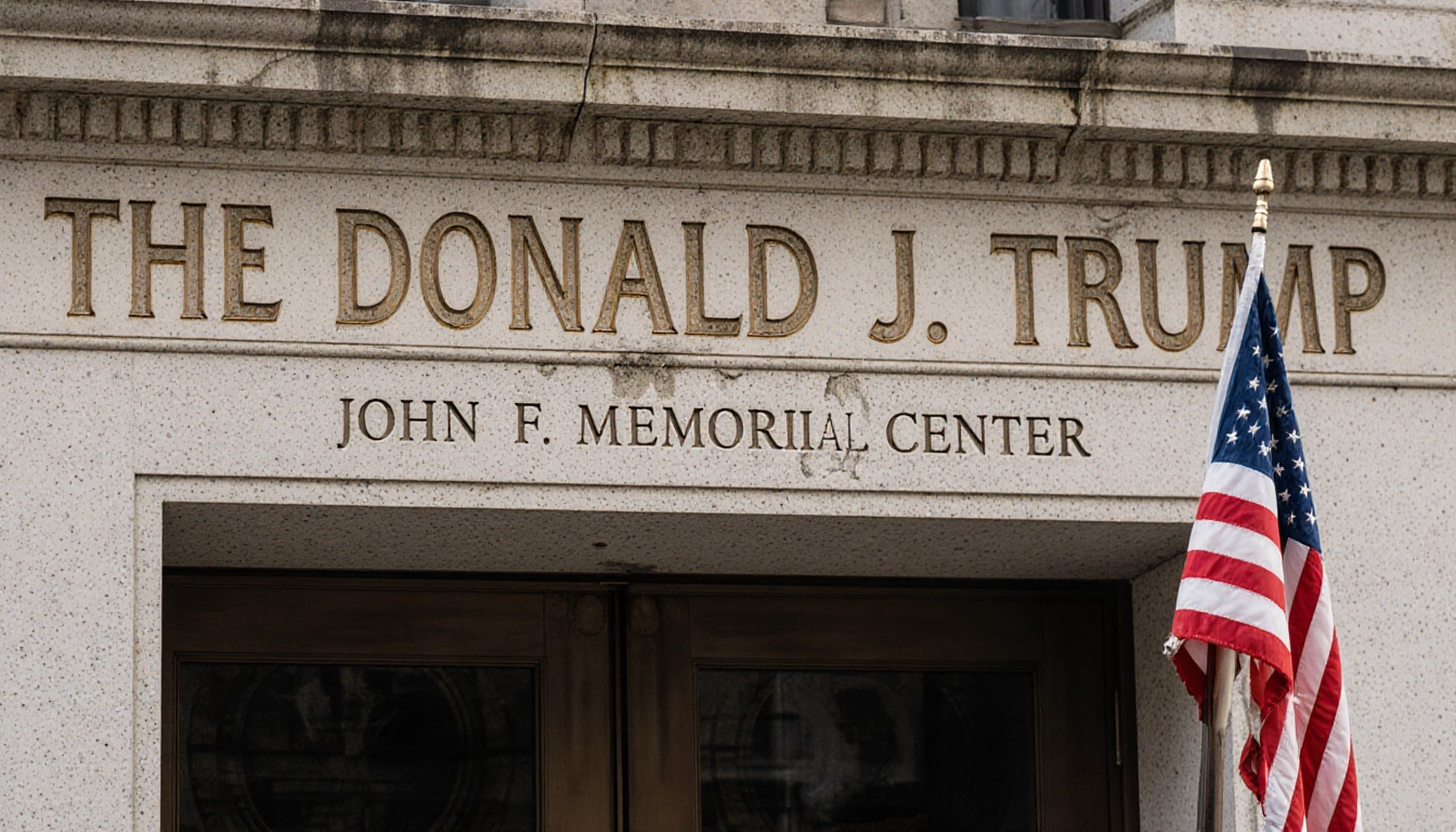 Building facade shows The Donald J Trump and John F Kennedy Memorial Center with torn American flag.