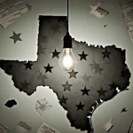 Light bulb flickering above fading Texas star map with torn education documents scattered.