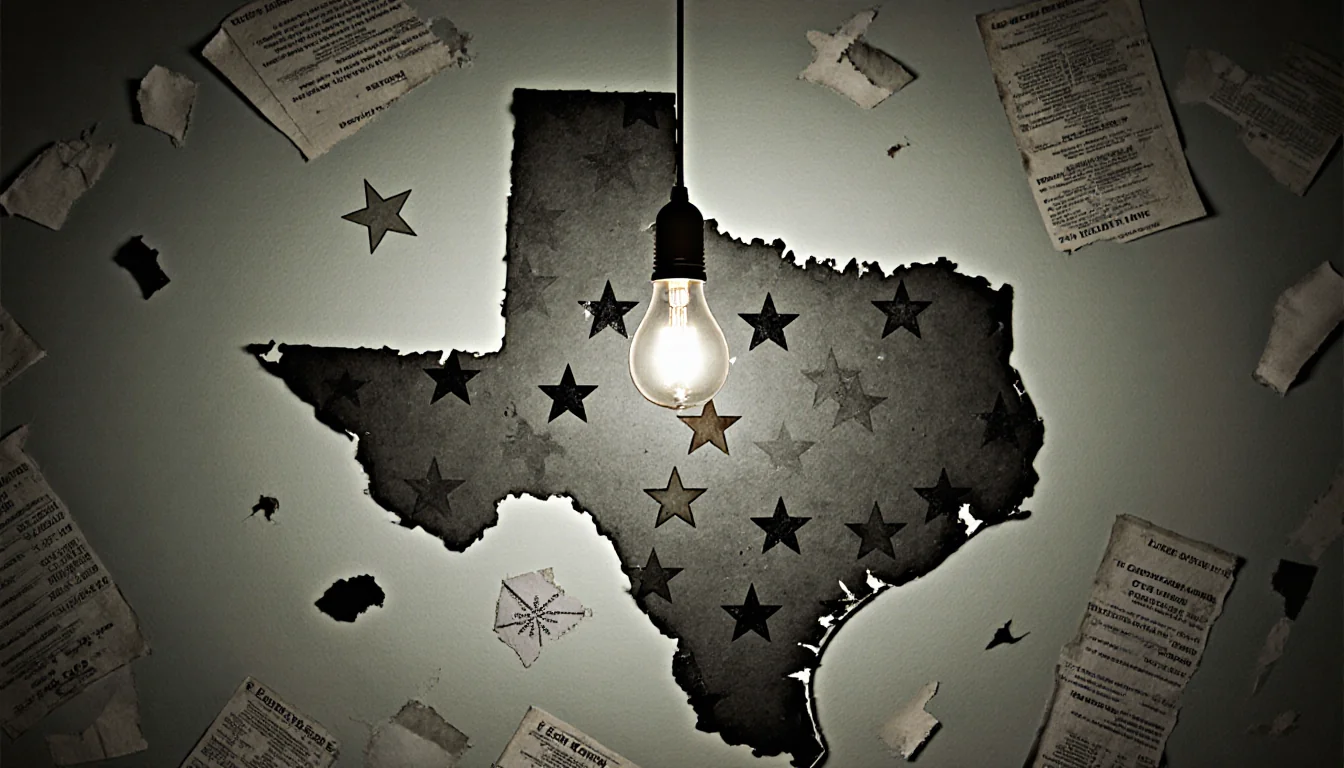 Light bulb flickering above fading Texas star map with torn education documents scattered.