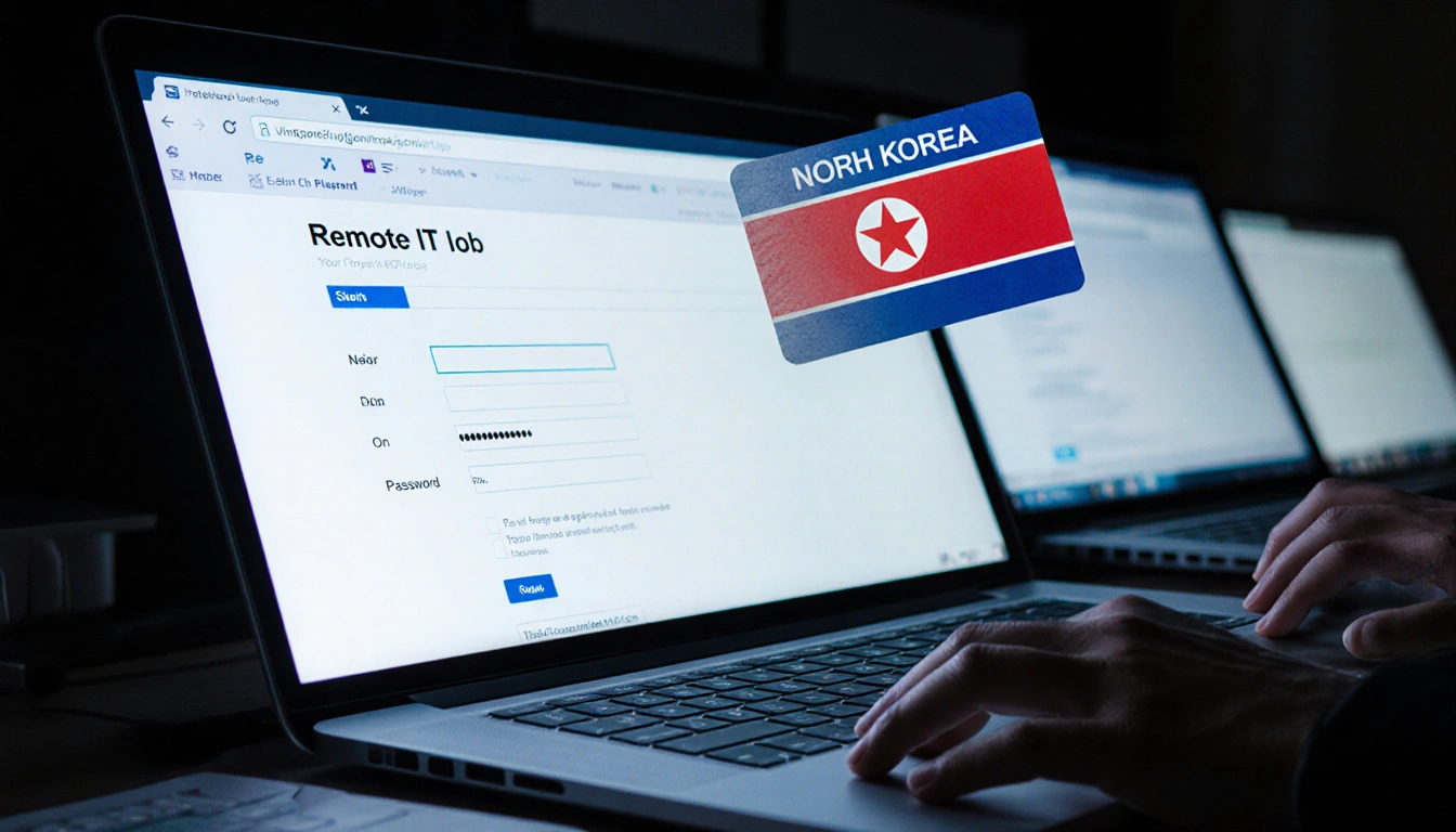 Hand holding a fake ID with a subtle North Korean flag with a row of computer screens showing fake job applications