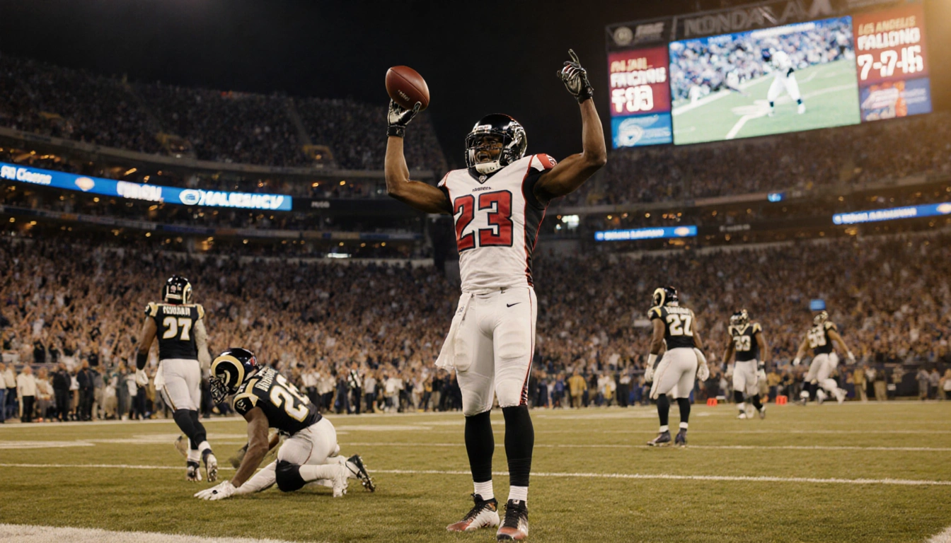 Bijan Robinson lifts the football in a pose while Falcons fans cheer and the scoreboard shows a 27-24 Monday Night Football w