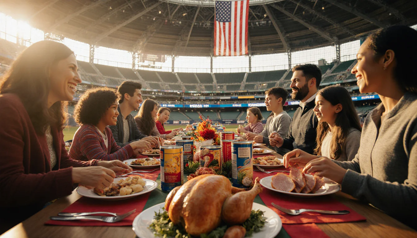 Families gather around holiday table with turkey and ham under the American flag at Globe Life Field