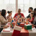 Family gathering around festive table with colorful toys and twinkling Christmas lights and celebrating community