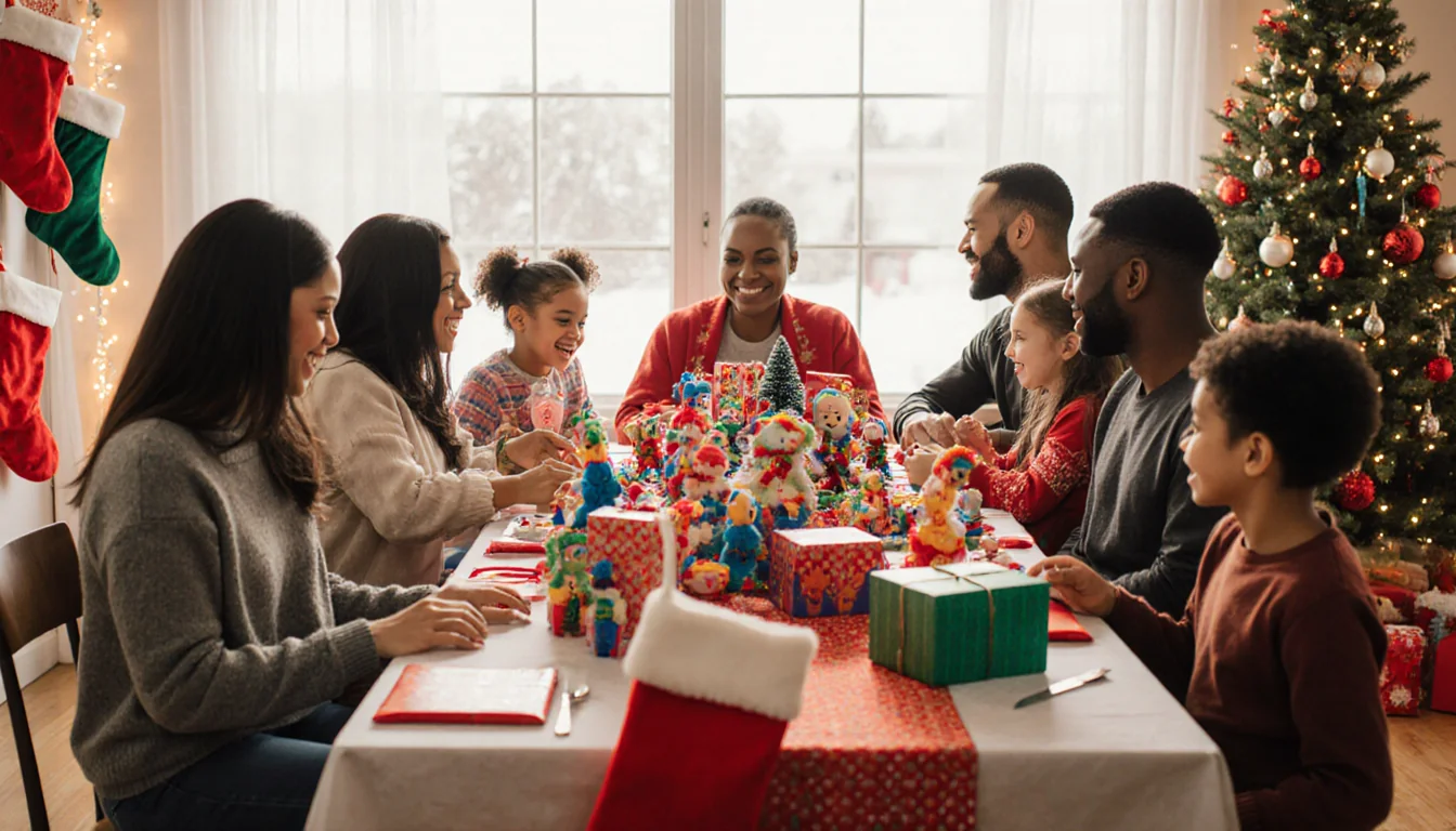 Family gathering around festive table with colorful toys and twinkling Christmas lights and celebrating community