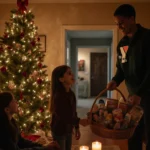 YMCA volunteer handing a basket of holiday treats to a family gathered around a Christmas tree with golden lighting