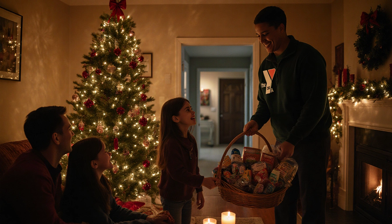 YMCA volunteer handing a basket of holiday treats to a family gathered around a Christmas tree with golden lighting