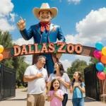 Family standing in front of Big Texan sign with hands on hearts and smiles near Dallas Zoo and greenery balloons.