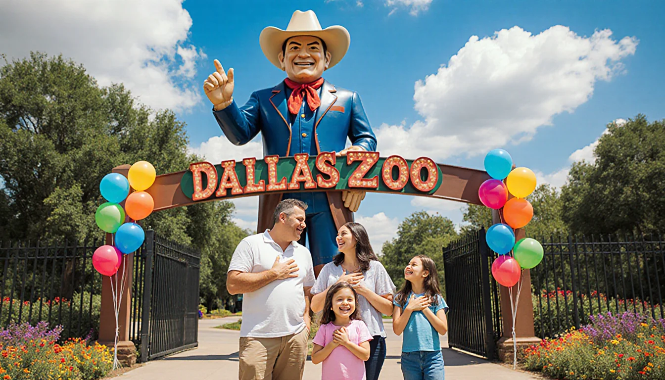 Family standing in front of Big Texan sign with hands on hearts and smiles near Dallas Zoo and greenery balloons.