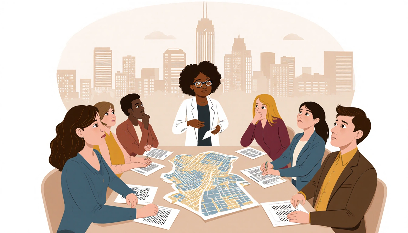 Concerned nonprofit leaders gather around a table with maps and housing statistics near a warm cityscape