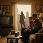 Hal sits beside Malcolm with framed family photos and warm golden lighting near old TV and VHS tapes.