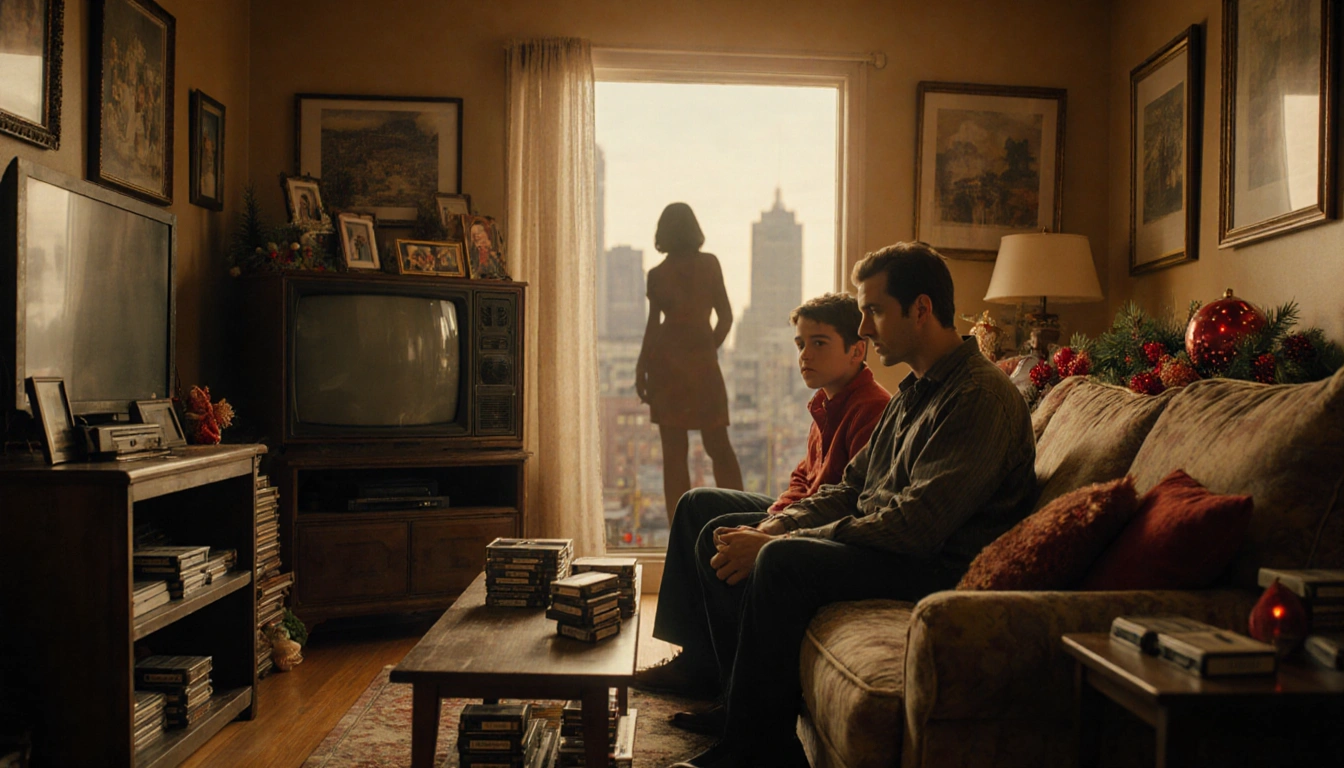 Hal sits beside Malcolm with framed family photos and warm golden lighting near old TV and VHS tapes.