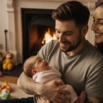 Pete Davidson holding baby Scottie with warm golden fireplace glow and smiling new mother Elsie in background.