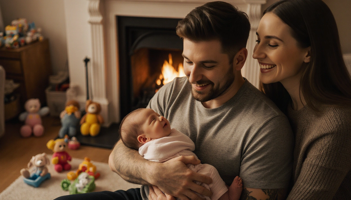 Pete Davidson holding baby Scottie with warm golden fireplace glow and smiling new mother Elsie in background.
