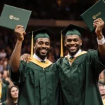 Father and son holding diplomas with proud smiles and warm golden lighting in a commencement hall
