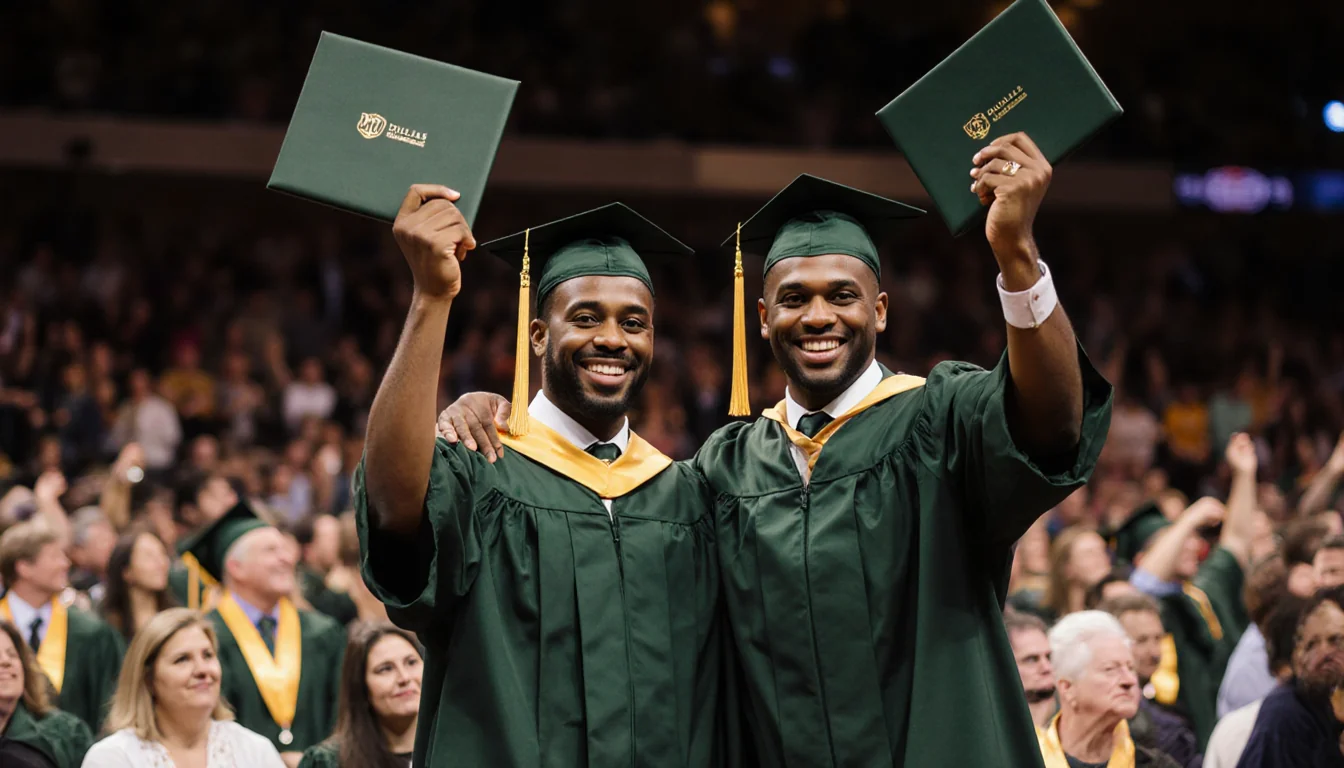 Father and son holding diplomas with proud smiles and warm golden lighting in a commencement hall