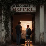 Father and son stand at Davao hotel doorway with sunset behind them, holding suitcase and backpack, vines over welcome sign.
