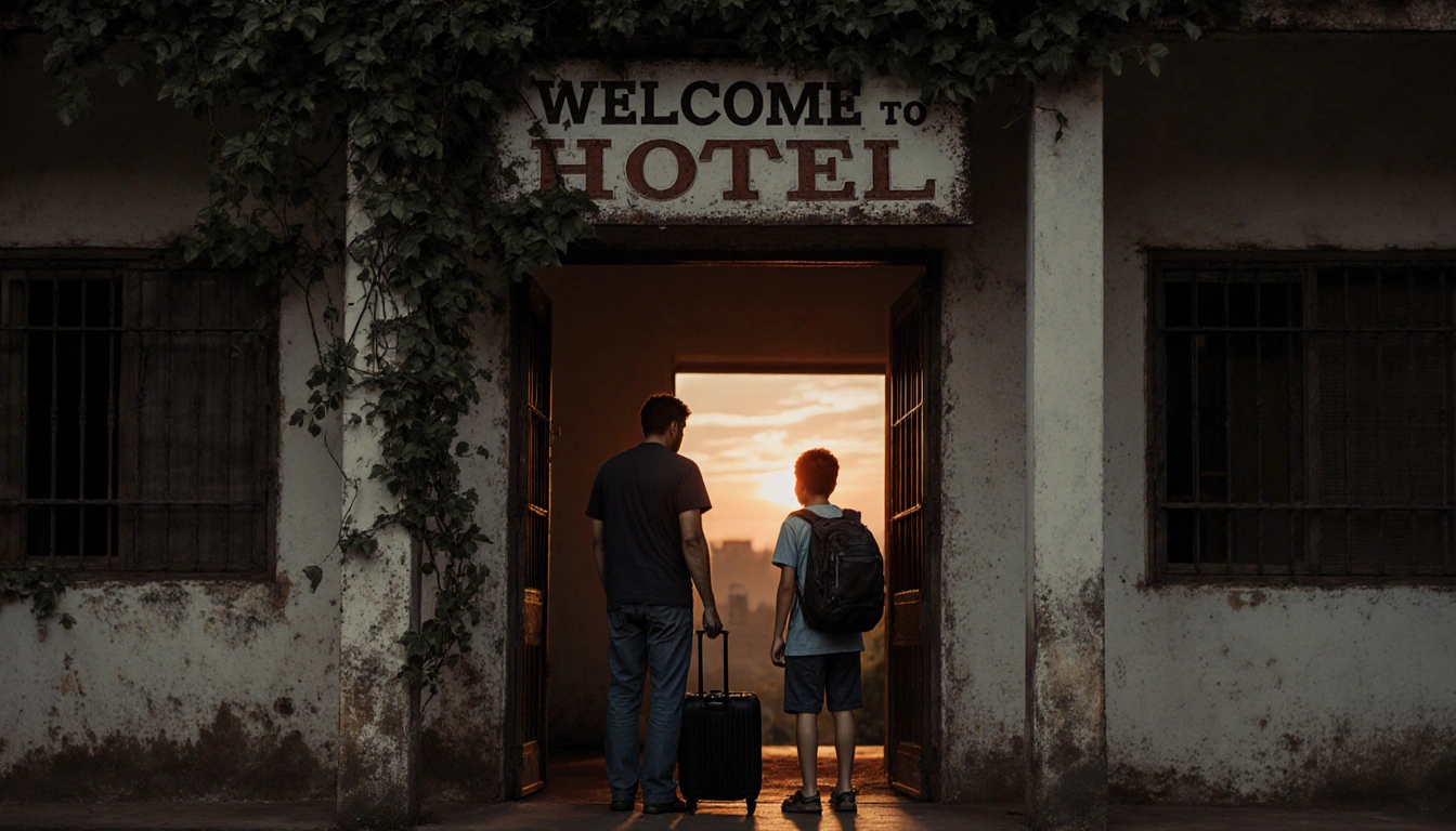 Father and son stand at Davao hotel doorway with sunset behind them, holding suitcase and backpack, vines over welcome sign.