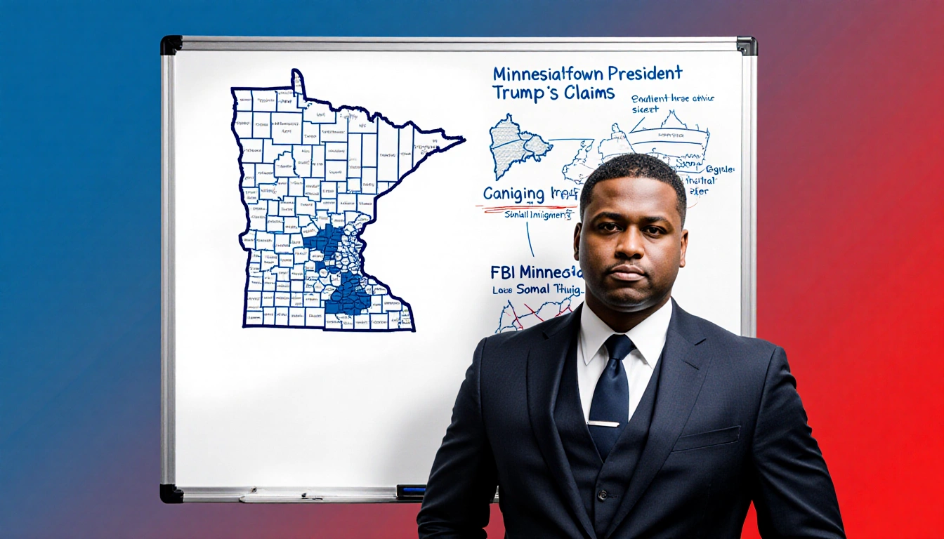 FBI agent stands confidently before a whiteboard with a Minnesota map highlighting Somali immigrant areas and a gradient back