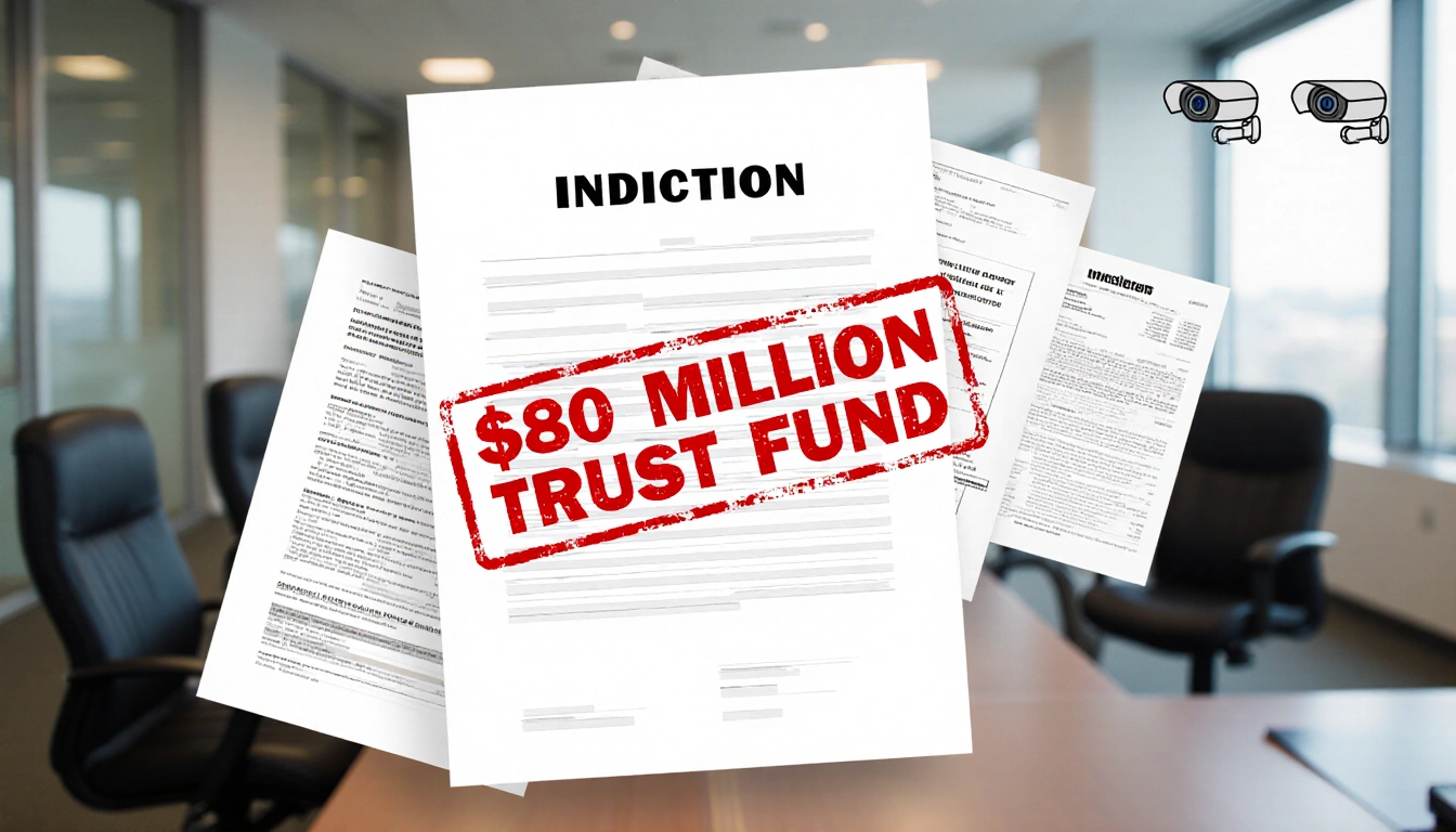 FBI indictment document shows a stamp highlighting an $80 million trust fund with documents in office