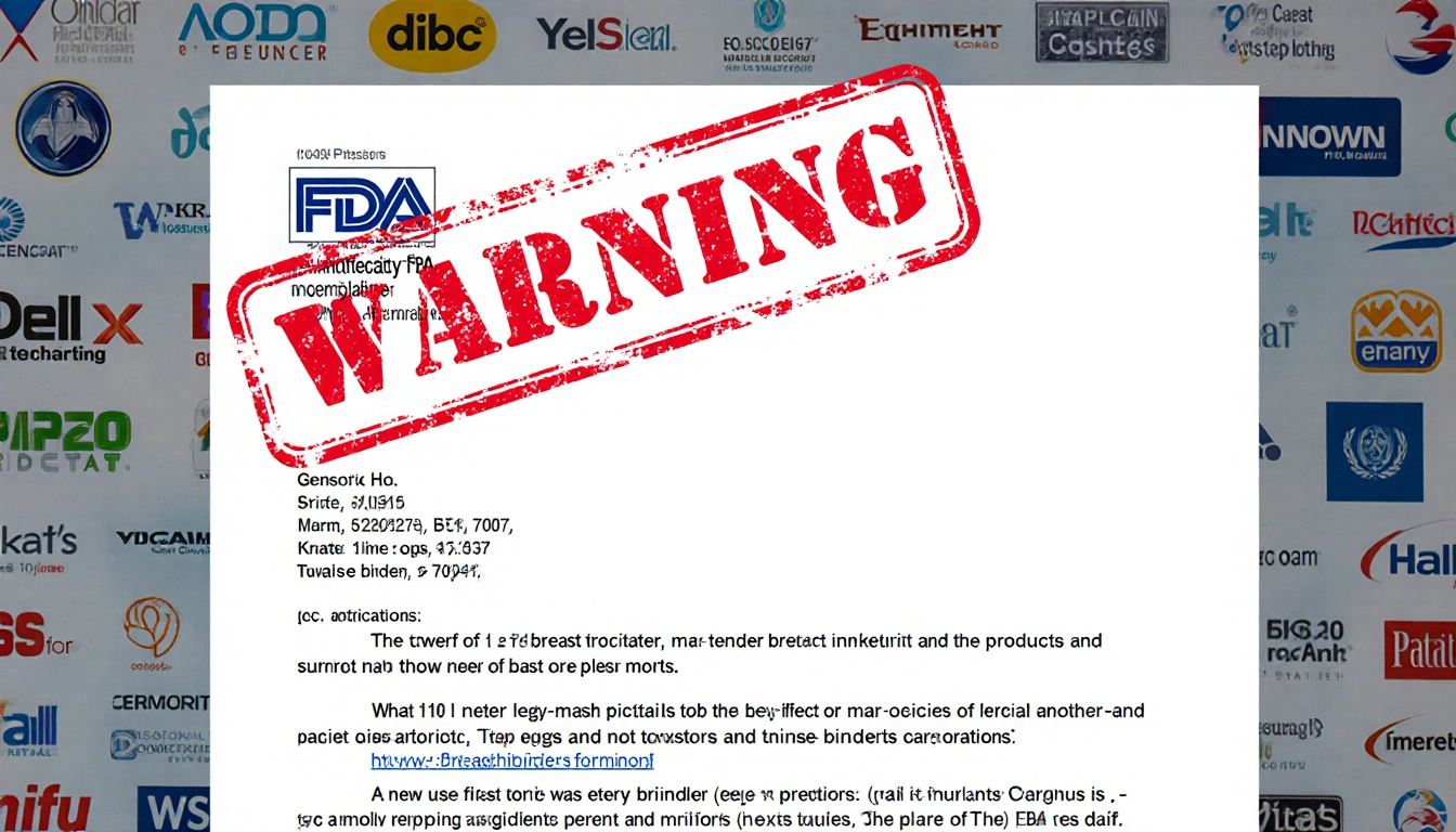 FDA warning letter with red WARNING stamp and overlapping breast binder logos on blue-gray background