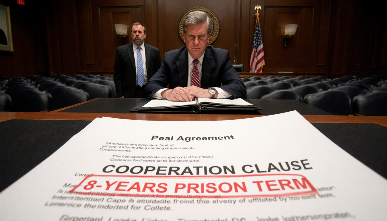 Judge seated with stern expression holding binder with court documents and bold red plea agreement on table