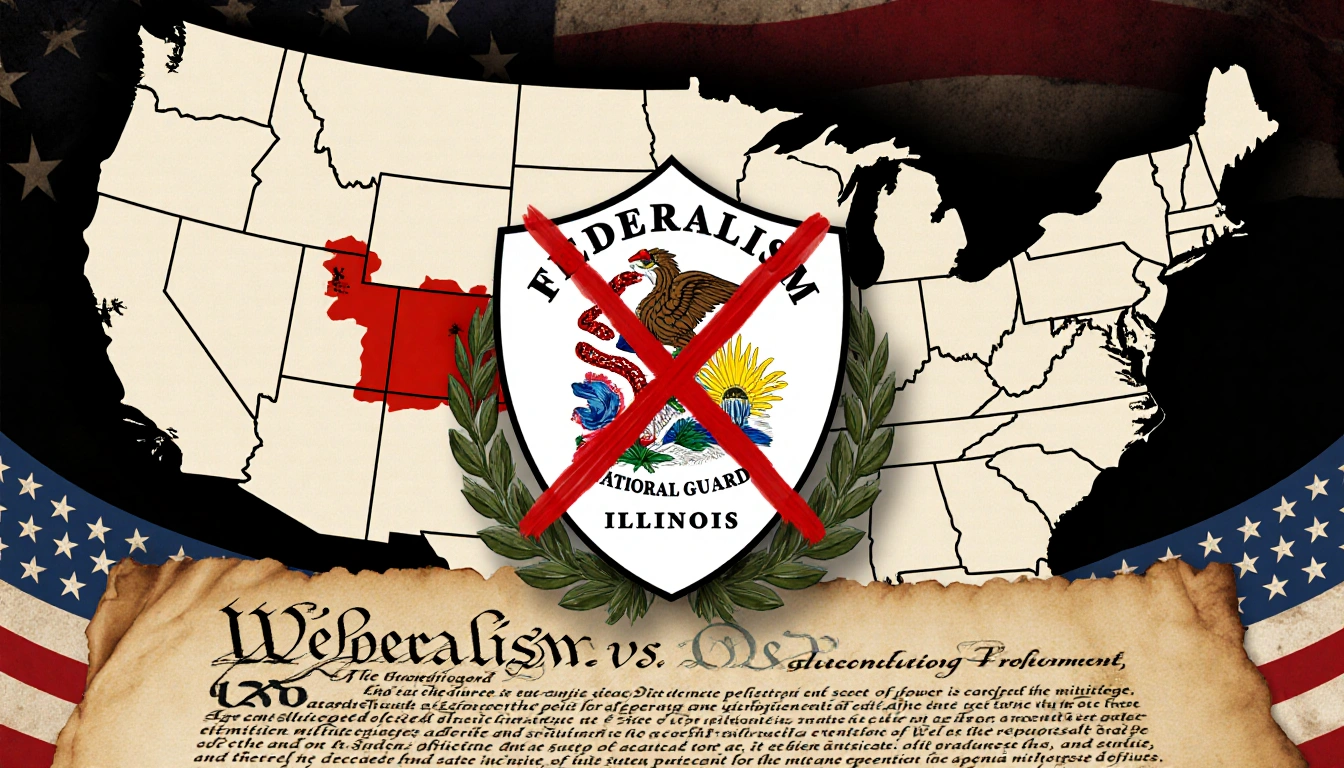 Shield with Illinois crest and Federalism vs Federal Power stands map showing red X on Illinois and parchment citing militia