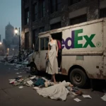 FedEx truck parked with doors ajar spilling clothes and a dress near its wheels against a dim cityscape.