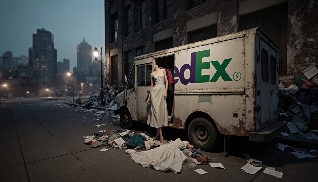 FedEx truck parked with doors ajar spilling clothes and a dress near its wheels against a dim cityscape.