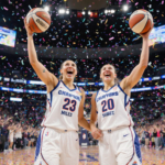 Olivia Miles and Marta Suarez celebrating their triple‑double victory with confetti swirling around them on the basketball co