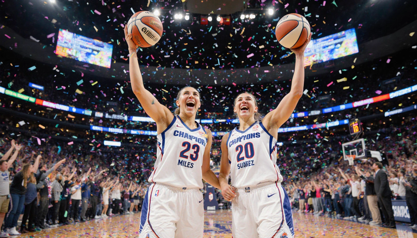 Olivia Miles and Marta Suarez celebrating their triple‑double victory with confetti swirling around them on the basketball co