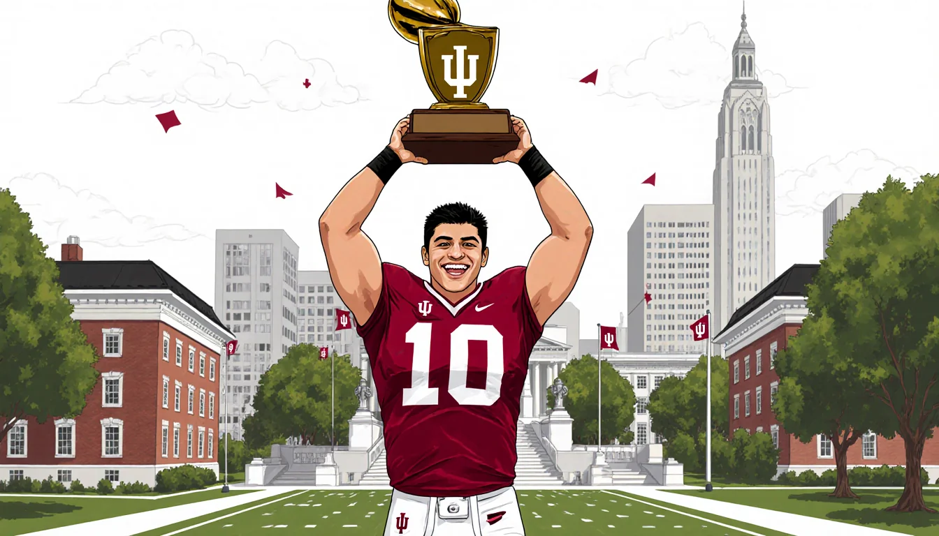 Fernando Mendoza holding the Heisman Trophy aloft with red IU accents and a joyful expression over Indiana University campus