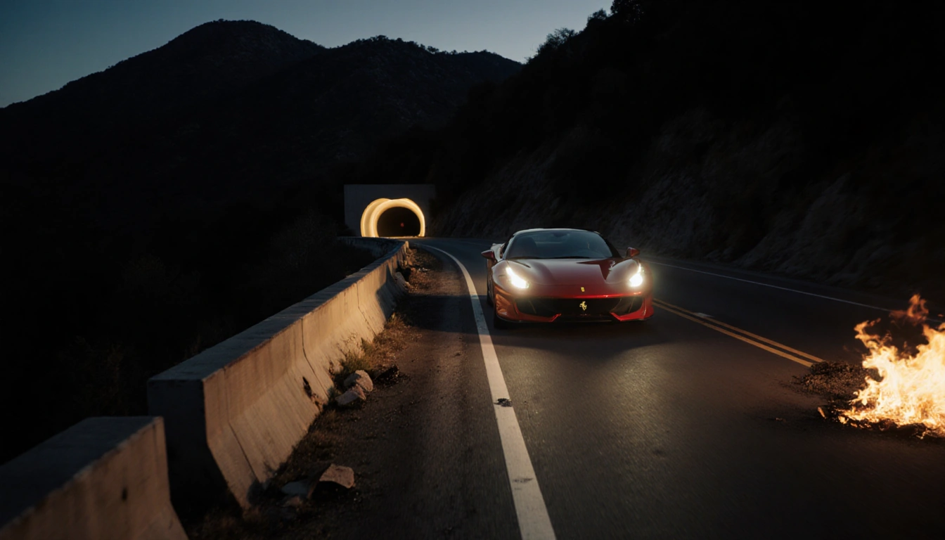 Ferrari speeding toward camera with a shattered smoldering barrier beside it and a dark tunnel looming in background.