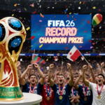 Fans cheer with the gold-lit trophy stand showing the new $50M prize and confetti flying overhead.