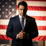 Adam Bazaldua standing firmly with hands clasped and stern expression with American flag backdrop and blurred Dallas cityscap