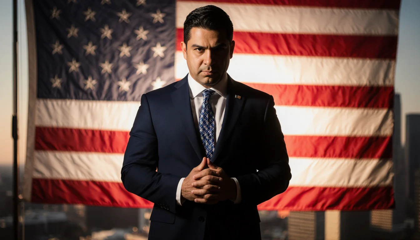 Adam Bazaldua standing firmly with hands clasped and stern expression with American flag backdrop and blurred Dallas cityscap