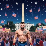 UFC fighter standing confidently with the White House and Washington Monument behind and crowds cheering