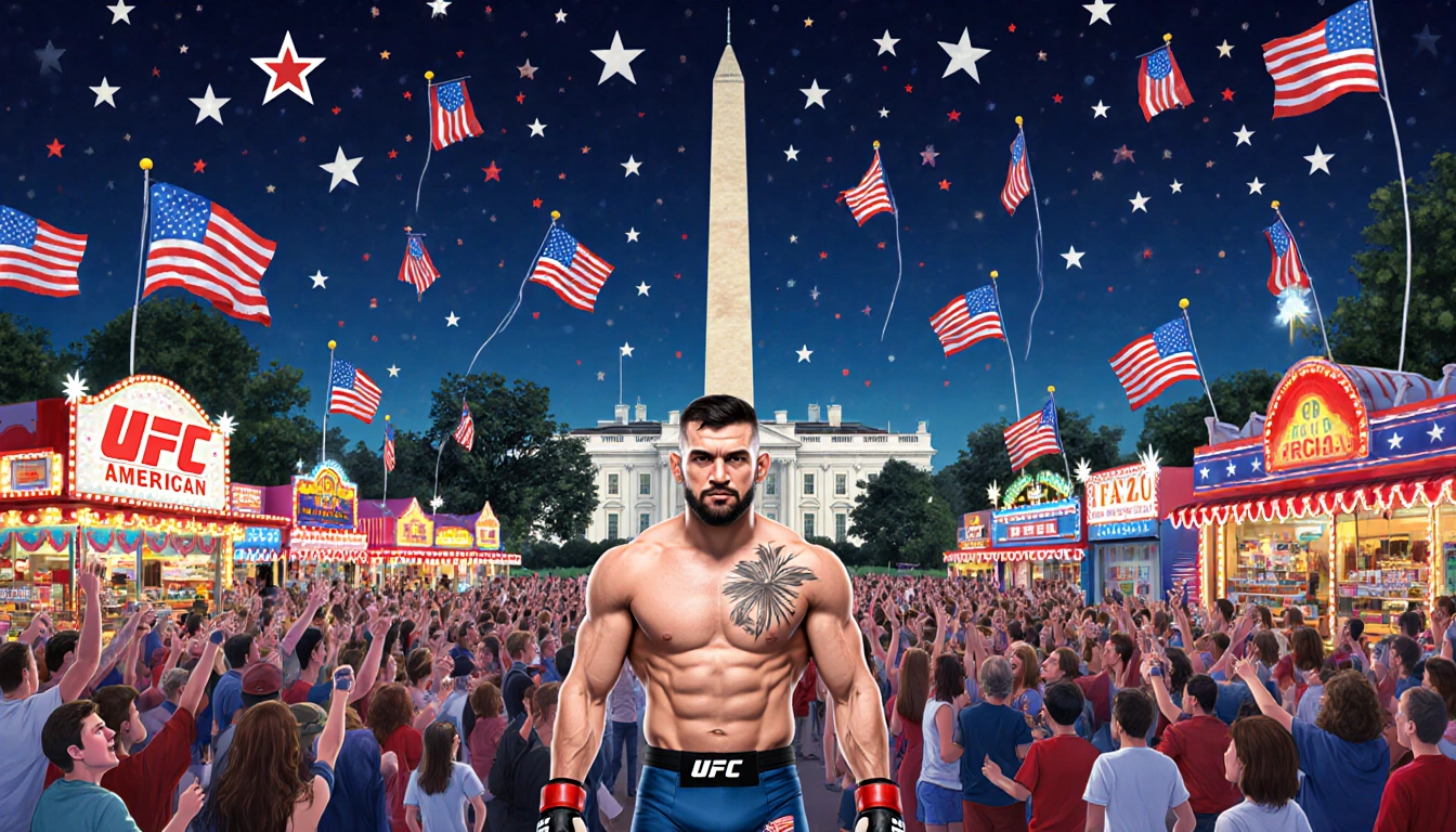 UFC fighter standing confidently with the White House and Washington Monument behind and crowds cheering