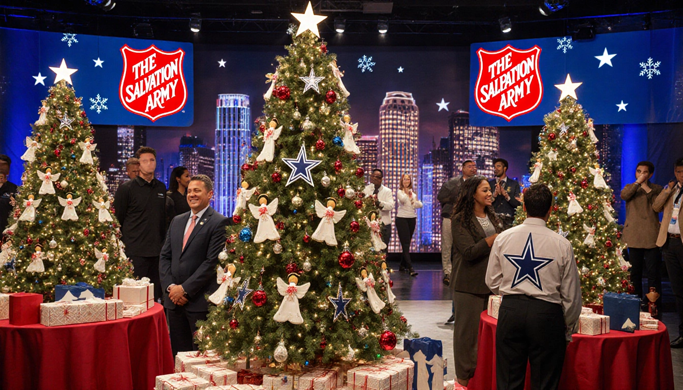 Volunteers gather around angel trees with Dallas Cowboys logo banners and bright city skyline backdrop.